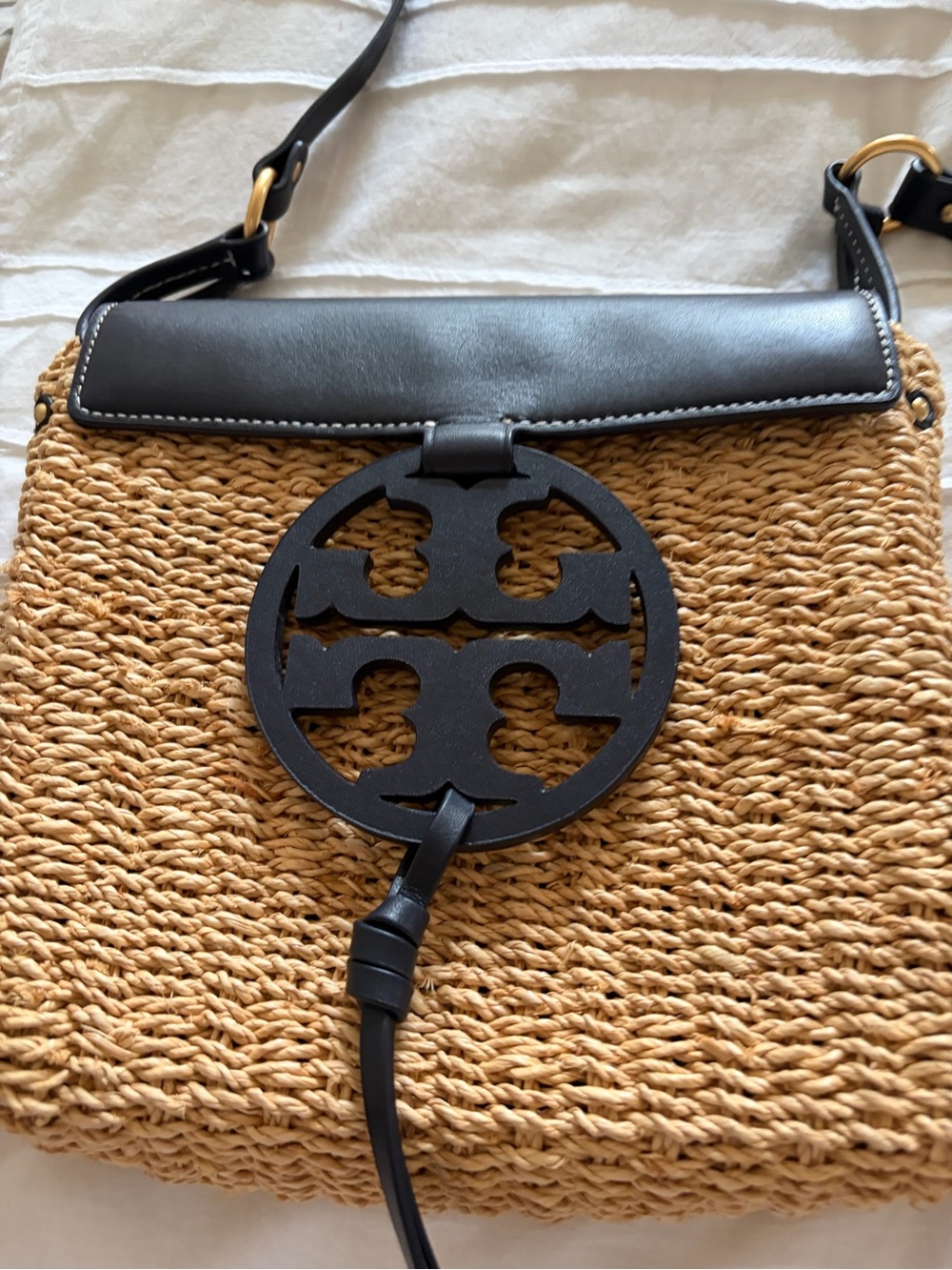 Tory Burch Tan Woven Crossbody with Black Leather Trim and Logo